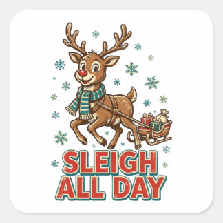 レトロなトナカイのクリスマス ヴィンテージ サンタ 「Sleigh+All+Day」 スクエアシール