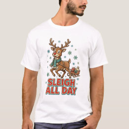 レトロなトナカイのクリスマス ヴィンテージ サンタ 「Sleigh+All+Day」 Tシャツ