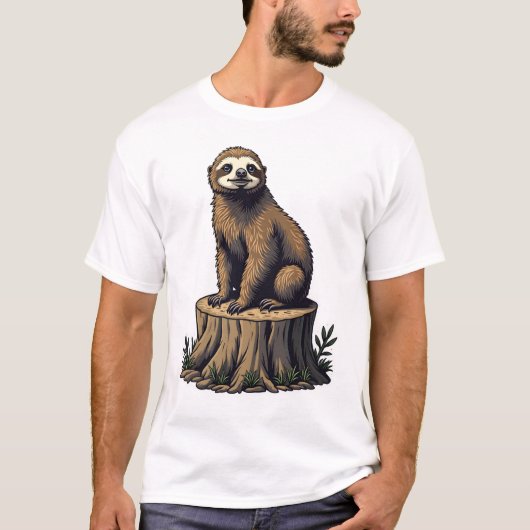 レトロなナマケモノの彫刻 野生動物Tシャツ (3) Tシャツ (正面)