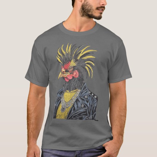 レトロなニワトリのロックイー Tシャツ (正面)