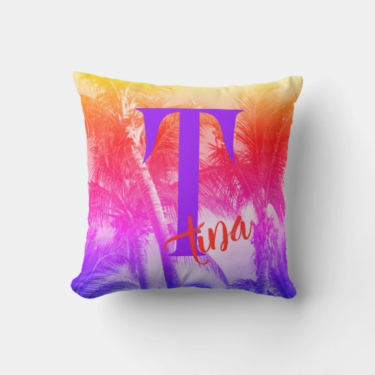 レトロなネオン80の夏の雰囲気の熱帯ヤシの木 クッション (正面)