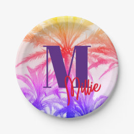 レトロなネオン80年代の夏の熱帯性ヤシの木 ペーパープレート