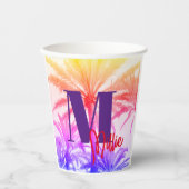 レトロなネオン80年代の夏の熱帯性ヤシの木 紙コップ (正面)