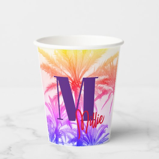 レトロなネオン80年代の夏の熱帯性ヤシの木 紙コップ (正面)