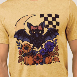 レトロなハロウィンのコウモリと月 ゴシック調のデザイン トライブレンドTシャツ