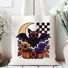 レトロなハロウィンのコウモリと月 ゴシック調デザイン トートバッグ