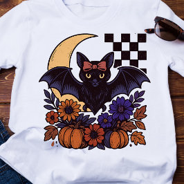レトロなハロウィンのコウモリと月 ゴシック調デザイン Tシャツ