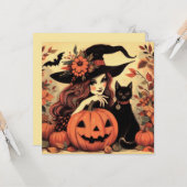 レトロなハロウィンの魔女と猫のフラットグリーティングカード カード (正面/裏面インサイチュ)