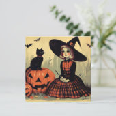 レトロなハロウィンの魔女と黒猫のキュートなカード カード (スタンド正面)