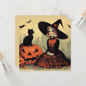 レトロなハロウィンの魔女と黒猫のキュートなカード カード (正面/裏面インサイチュ)