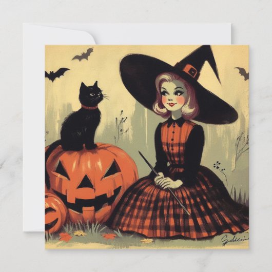 レトロなハロウィンの魔女と黒猫のキュートなカード カード (正面)