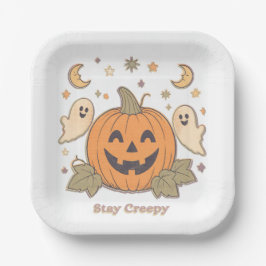 レトロなハロウィーンのステイクリーピーパンプキンと可愛いお化け ペーパープレート