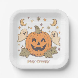 レトロなハロウィーンのステイクリーピーパンプキンと可愛いお化け ペーパープレート