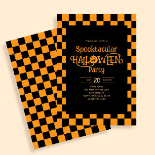 レトロなハロウィーン オレンジ市松模様 招待状