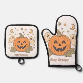 レトロなハロウィーン ステイ クリーピー パンプキン & キュート ゴースト 鍋つかみ&鍋敷きセット