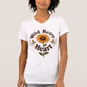 レトロなハートのひまわり 70年代の花柄 Tシャツ