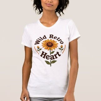 レトロなハートのひまわり 70年代の花柄 Tシャツ