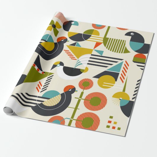レトロなバウに様式化された鳥とシームレスなパターン ラッピングペーパー (アンロールド)