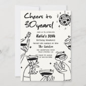 レトロなバック 白 手描き ファンキーな30歳の誕生日 招待状 (正面)