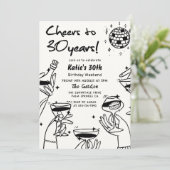 レトロなバック 白 手描き ファンキーな30歳の誕生日 招待状 (スタンド正面)