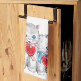 レトロなバレンタインデーの猫たち、ヴィンテージのふわふわした子猫たち キッチンタオル