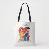 レトロなバレンタインデー ヴィンテージガールとボーイハート トートバッグ (正面)