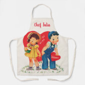 レトロなバレンタインデー ヴィンテージガールとボーイ ハート エプロン (正面)