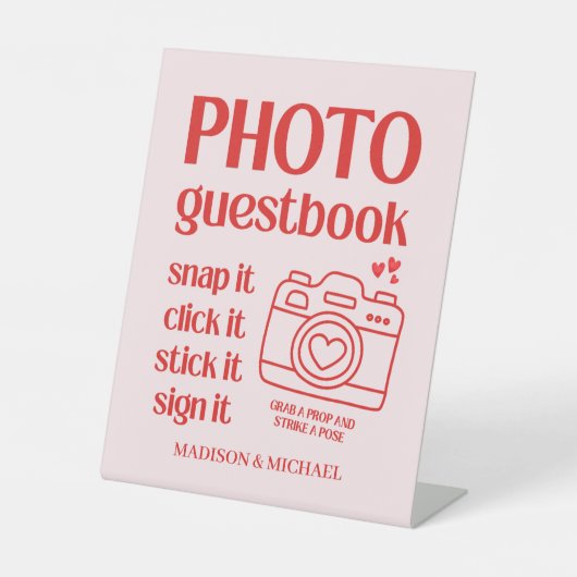 レトロなバレンタインハート ウェディング レッド ピンク 台座サイン (正面)