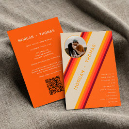 レトロなバーントオレンジのストライプ 70年代 80年代 QRコード ウェディング 招待状