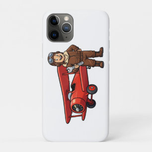 レトロなパイロットと赤い複葉機のキャラクターアート iPhone 11 PROケース