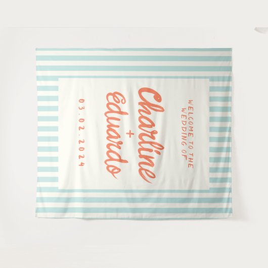 レトロなパステルストライプの結婚式 タペストリー (正面(横))