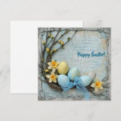 レトロなパステルブルーとイエローのラスティックイースターエッグ シーズンカード (正面/裏面)