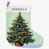 レトロなパーソナライズされたフェスティブなクリスマスツリー ラージクリスマスストッキング (正面)