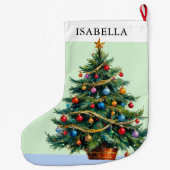レトロなパーソナライズされたフェスティブなクリスマスツリー ラージクリスマスストッキング (裏面)