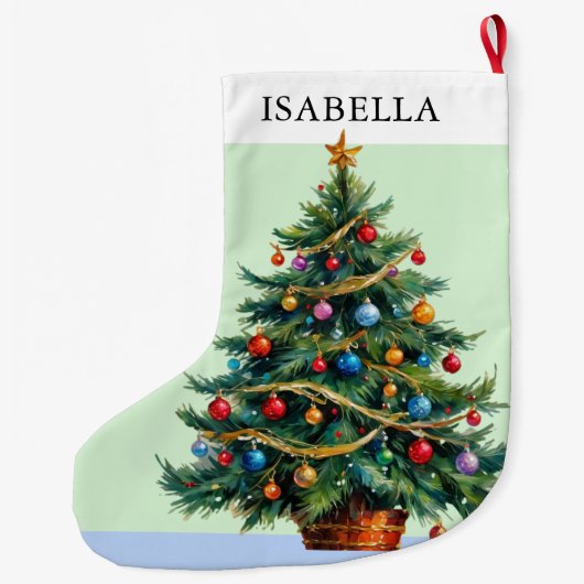 レトロなパーソナライズされたフェスティブなクリスマスツリー ラージクリスマスストッキング (裏面)