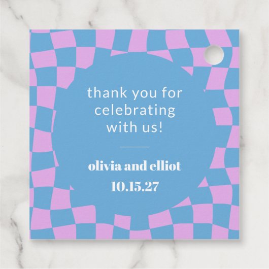 レトロなパープル チェック柄 カスタム カップルシャワー フェイバータグ (裏面)
