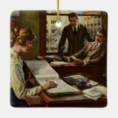レトロなビジネスミーティング、エグゼクティブがいるオフィス セラミックオーナメント (裏面)