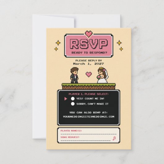 レトロなビデオゲーム風のベージュの結婚式 出欠カード (正面)