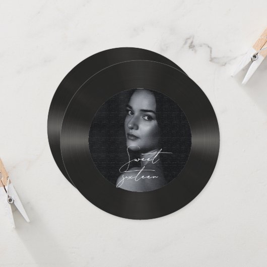 レトロなビニールレコードの写真が素敵な16歳の誕生日 招待状 (正面/裏面インサイチュ)