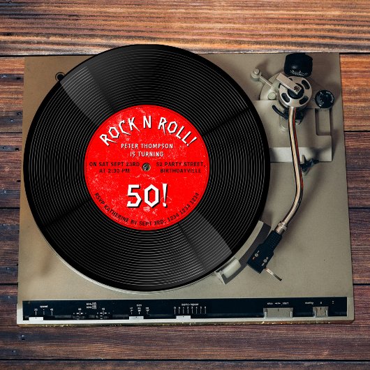 レトロなビニールレコード ロックンロール 赤 誕生日 招待状