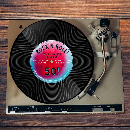 レトロなビニールレコード ロックンロール 青 赤 誕生日 招待状