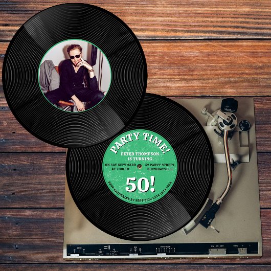レトロなビニールレコード 音楽の節目 誕生日フォト  招待状