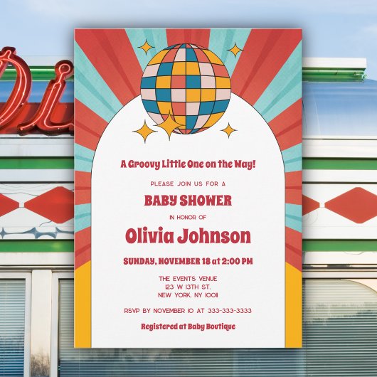 レトロなビニール音楽 60年代 テーマ ジェンダーニュートラル ベビーシャワー 招待状