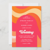 レトロなビビッドカラーのウェーブとグルーヴィーなフォントのウェディング 招待状 (正面)