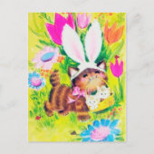 レトロなビンテージのイースター猫のホリデーポストカード シーズンポストカード (正面)