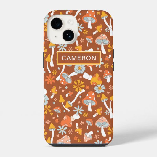 レトロなビンテージのキノコの花柄 iPhoneケース (裏面)