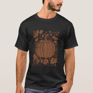 レトロなビンテージの花柄のかぼちゃと秋の葉 Tシャツ