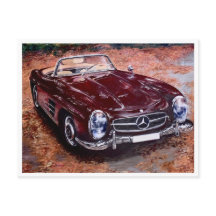 レトロなビンテージの黒い車の絵が描かれたポストカード