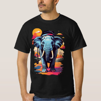 レトロなビンテージカラーの象と夕焼け Tシャツ