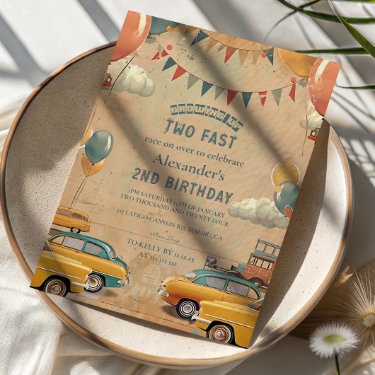 レトロなビンテージカーの2歳の誕生日 招待状